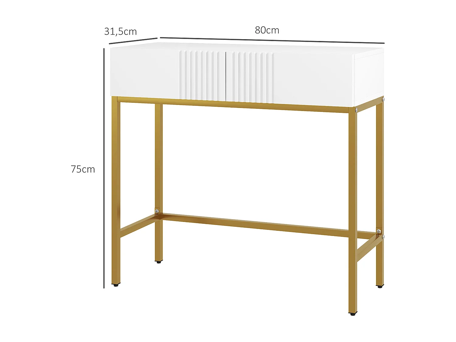 Console style Art déco - 2 tiroirs - piètement acier doré - blanc