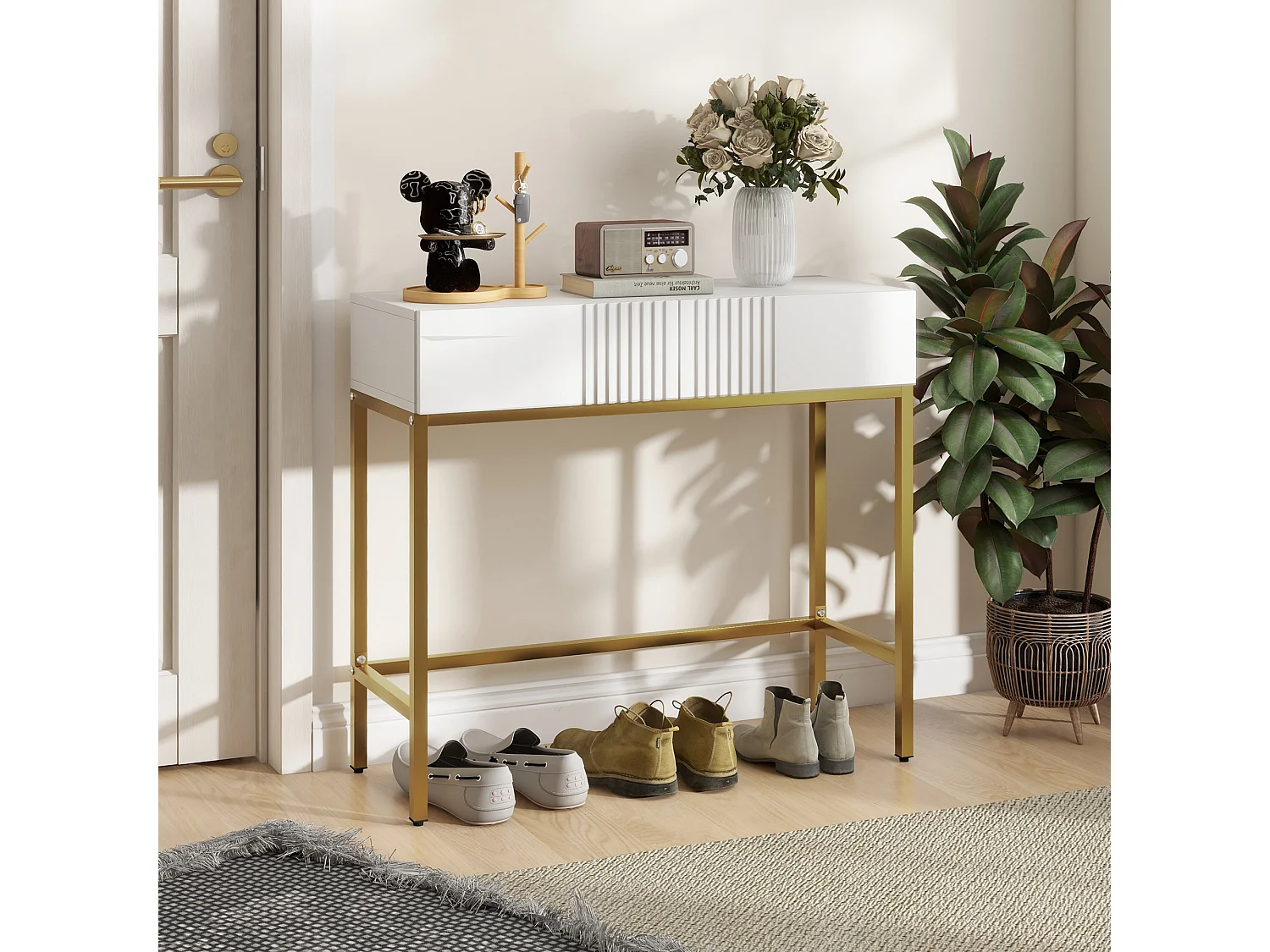 Console style Art déco - 2 tiroirs - piètement acier doré - blanc