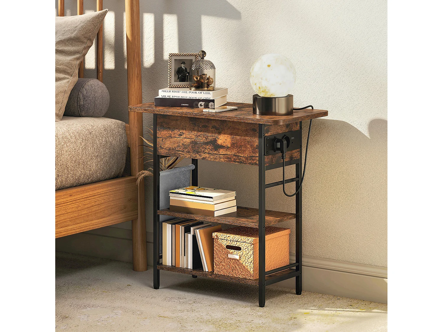 Console style industriel avec station de charge prises secteur et USB dim. 60 x 30 x 58,5 cm métal noir effet bois vieilli