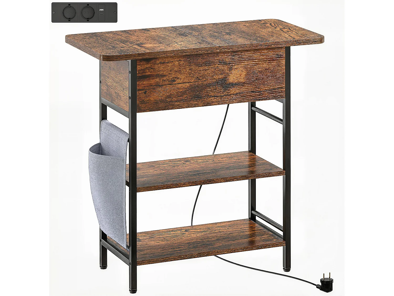 Console style industriel avec station de charge prises secteur et USB dim. 60 x 30 x 58,5 cm métal noir effet bois vieilli