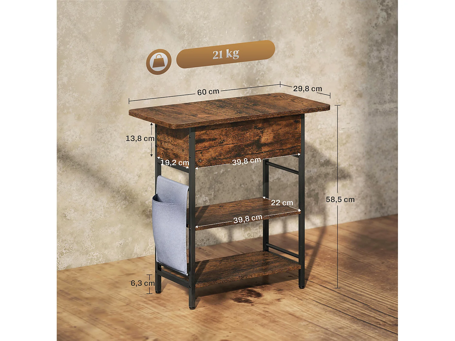 Console style industriel avec station de charge prises secteur et USB dim. 60 x 30 x 58,5 cm métal noir effet bois vieilli