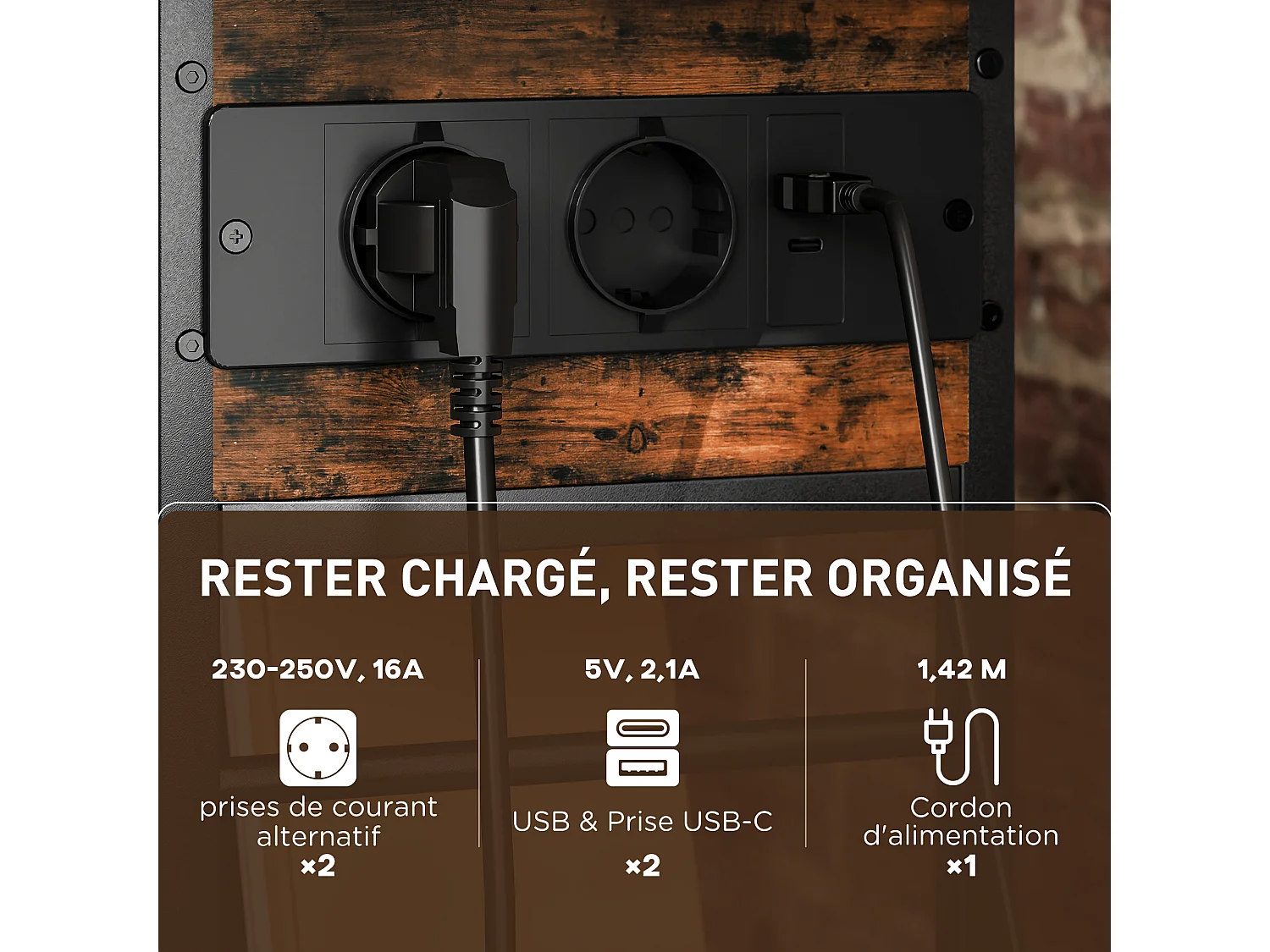 Console style industriel avec station de charge prises secteur et USB dim. 60 x 30 x 58,5 cm métal noir effet bois vieilli