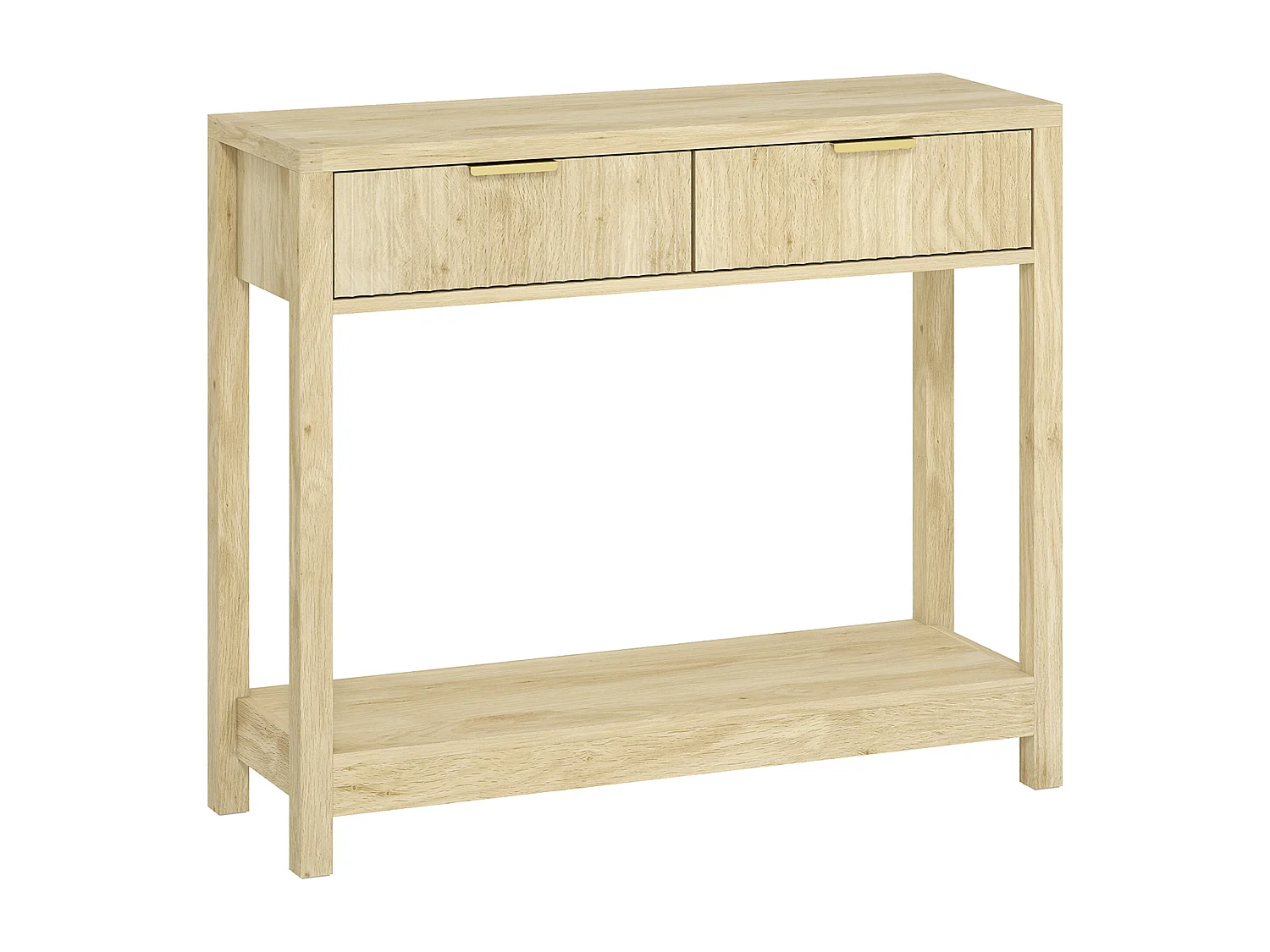 Console design naturel chic 2 tiroirs effet cannelé poignées métal doré