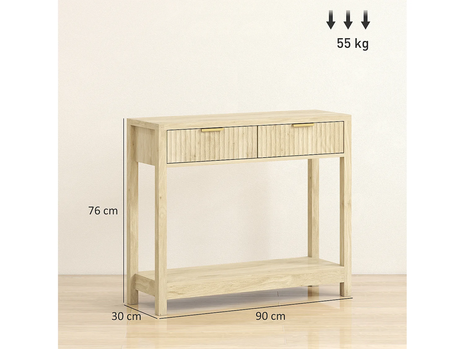 Console design naturel chic 2 tiroirs effet cannelé poignées métal doré