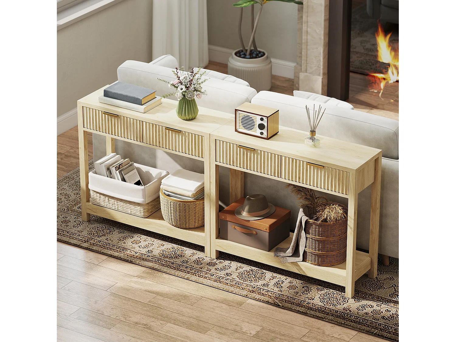 Console design naturel chic 2 tiroirs effet cannelé poignées métal doré