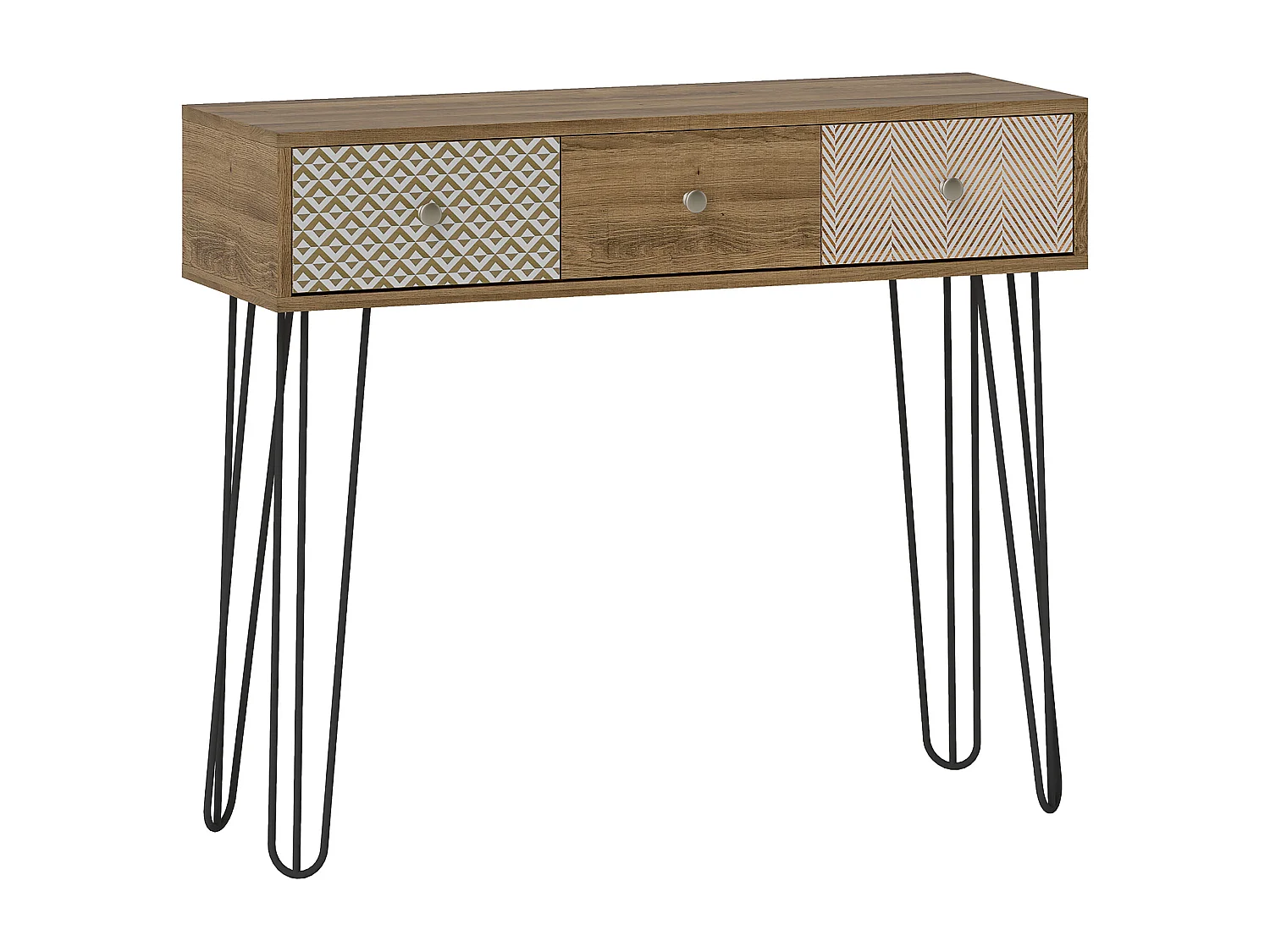 Console style néo-rétro 3 tiroirs graphiques piètement épingle acier noir effet bois