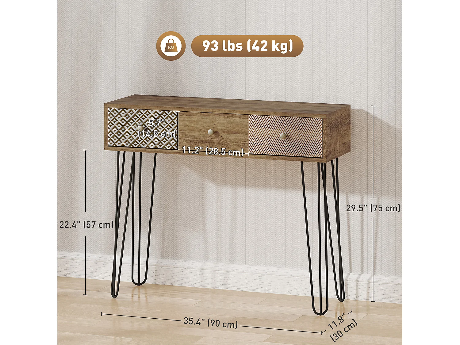 Console style néo-rétro 3 tiroirs graphiques piètement épingle acier noir effet bois