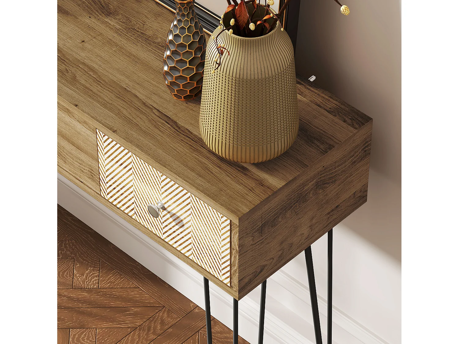 Console style néo-rétro 3 tiroirs graphiques piètement épingle acier noir effet bois