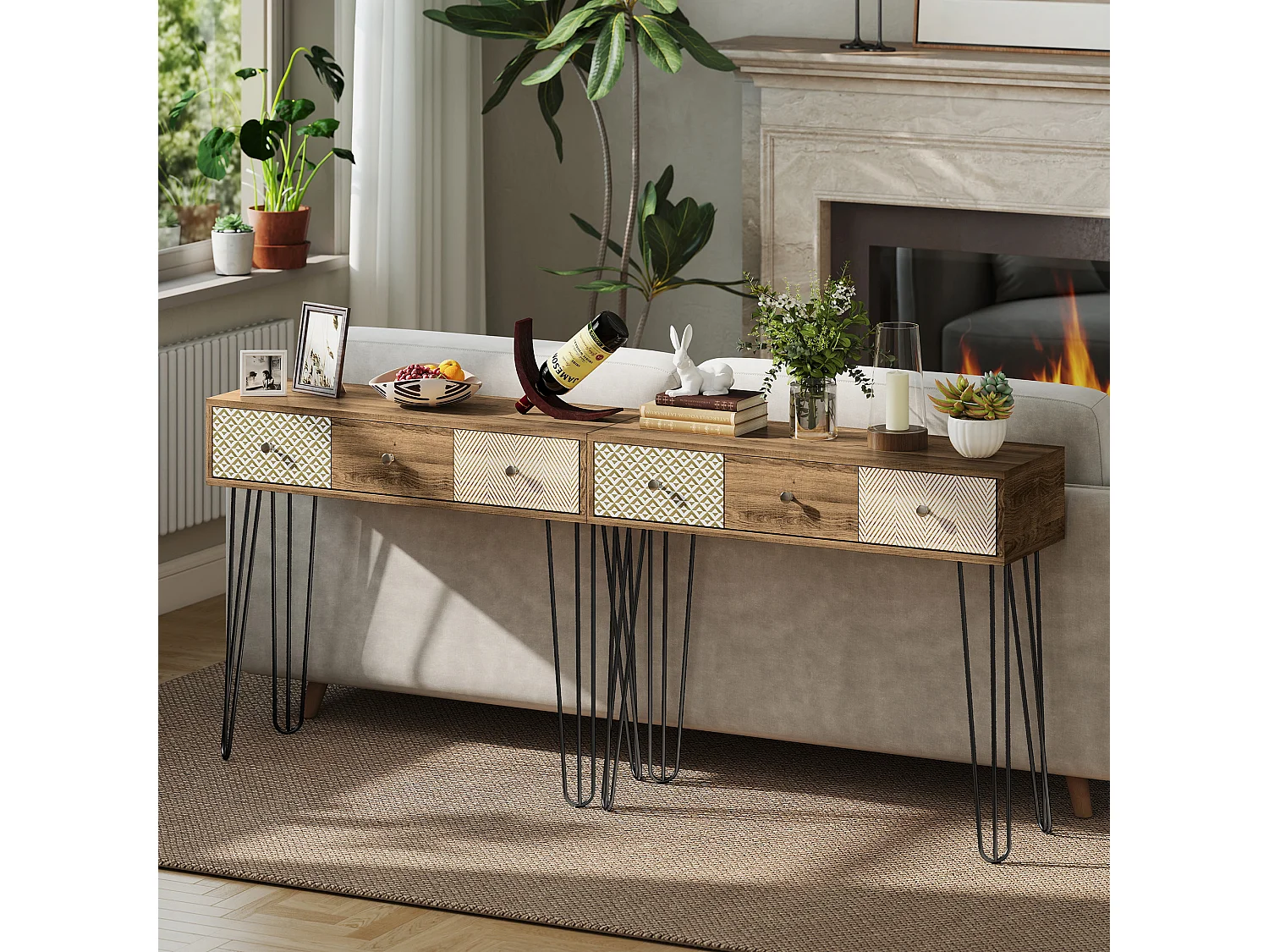 Console style néo-rétro 3 tiroirs graphiques piètement épingle acier noir effet bois