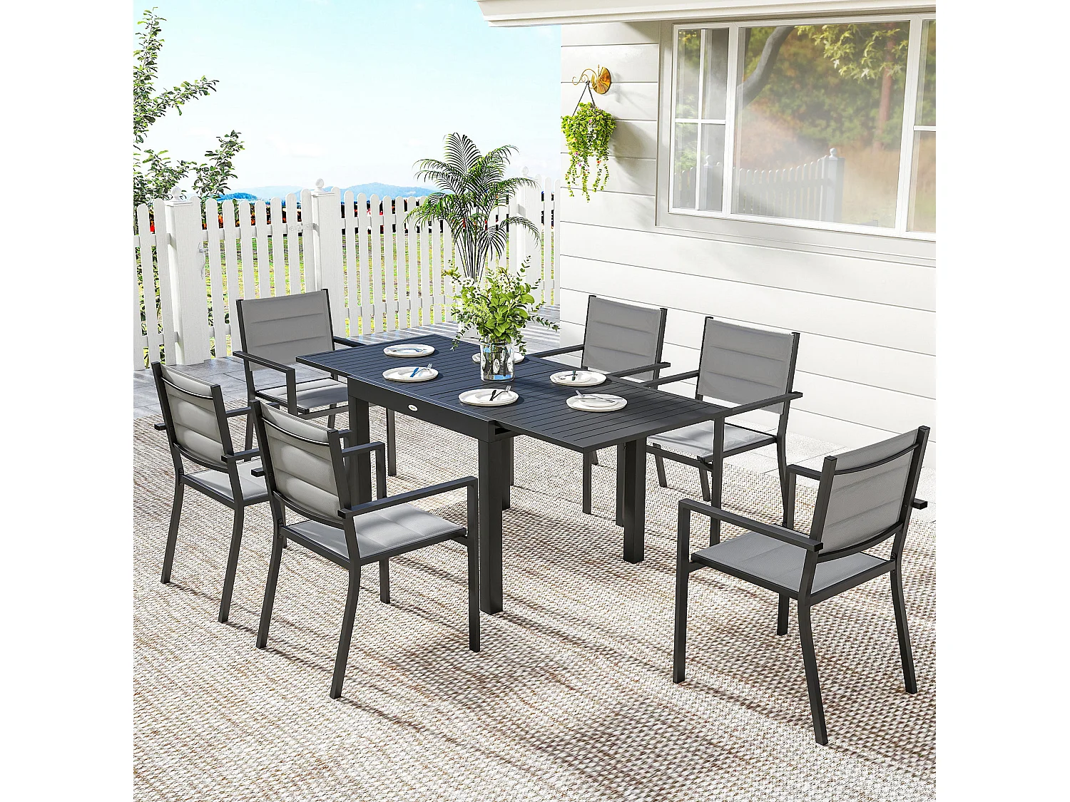 Salon de jardin repas 7 pièces 6 places table extensible alu gris
