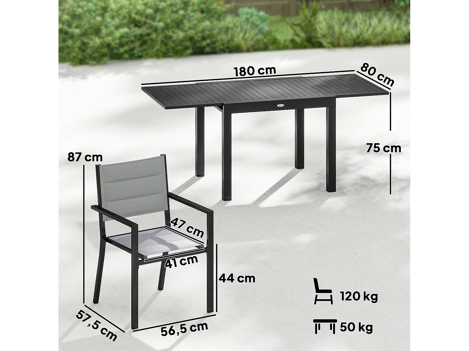 Salon de jardin repas 7 pièces 6 places table extensible alu gris