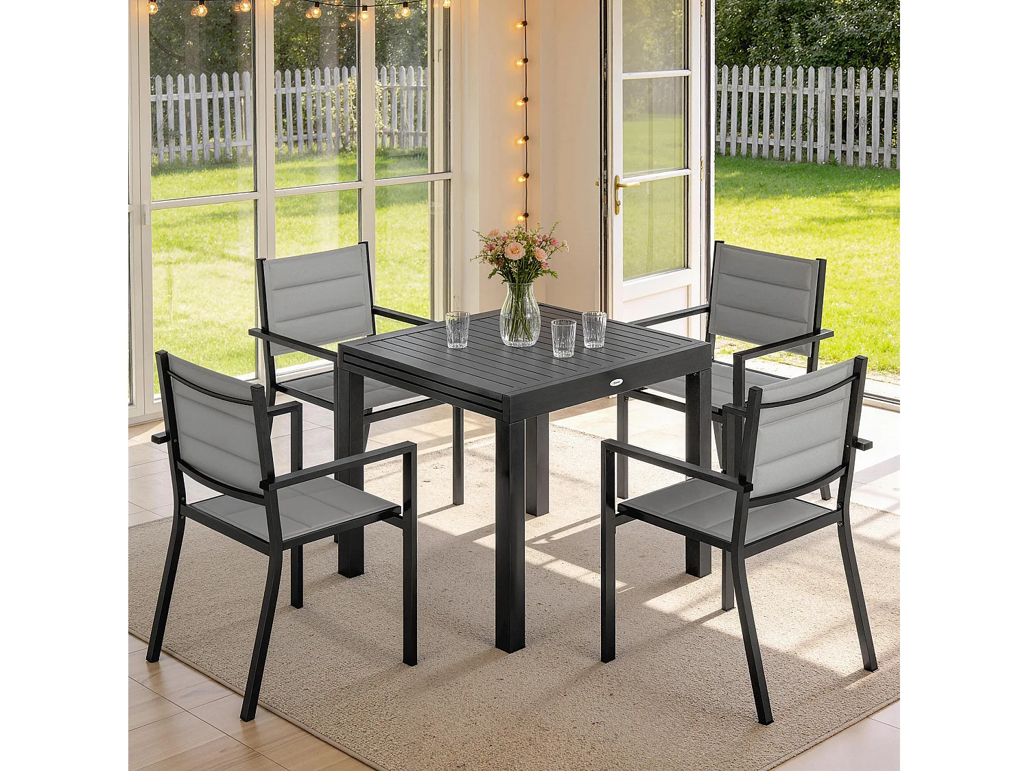 Salon de jardin repas 7 pièces 6 places table extensible alu gris
