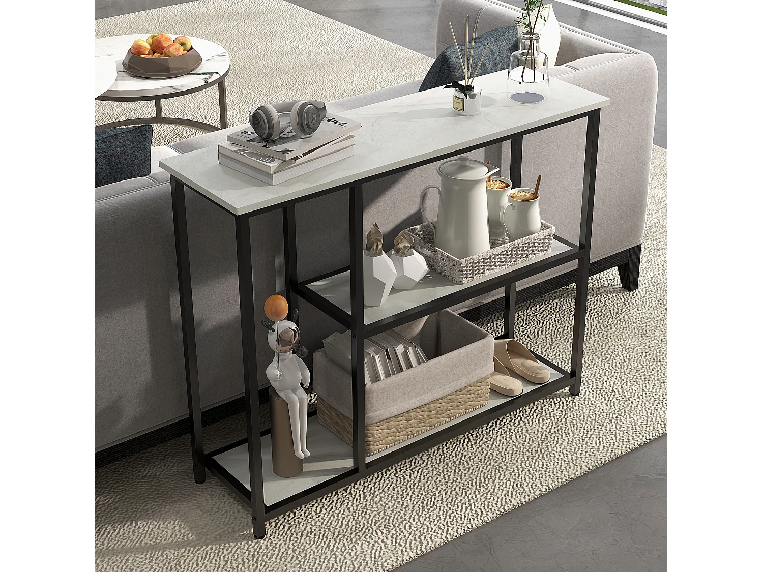 Console meuble 3 niveaux plateaux effet marbre cadre acier blanc