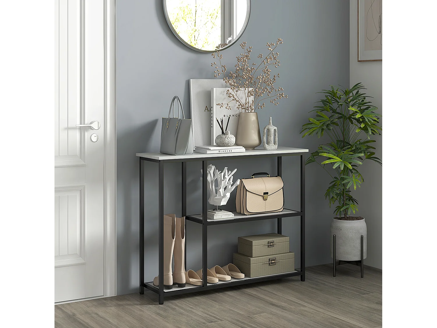 Console meuble 3 niveaux plateaux effet marbre cadre acier blanc