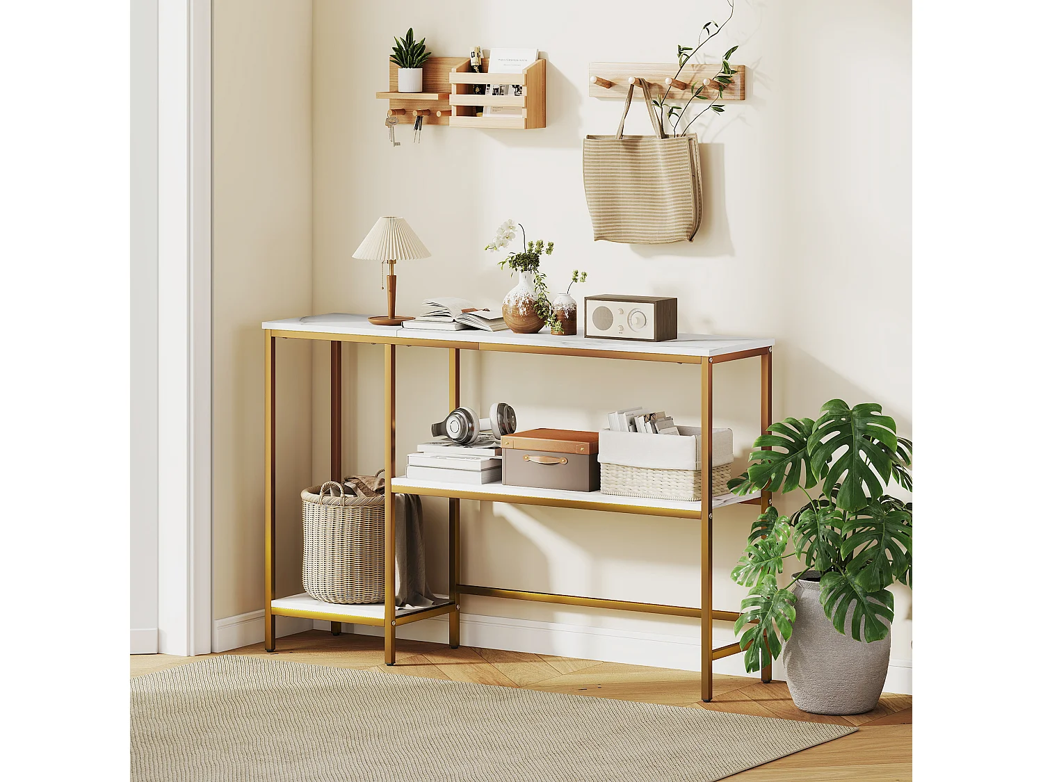 Console design style Art Déco 2 étagères plateau piètement acier doré effet marbre blanc