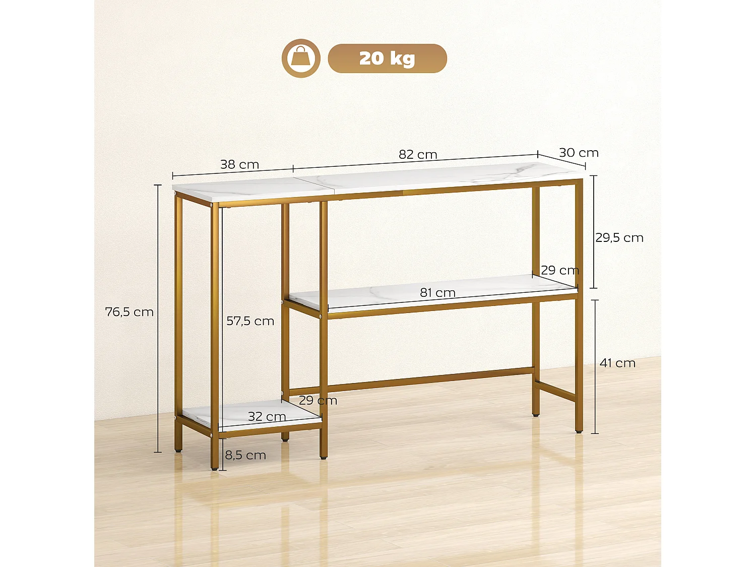 Console design style Art Déco 2 étagères plateau piètement acier doré effet marbre blanc