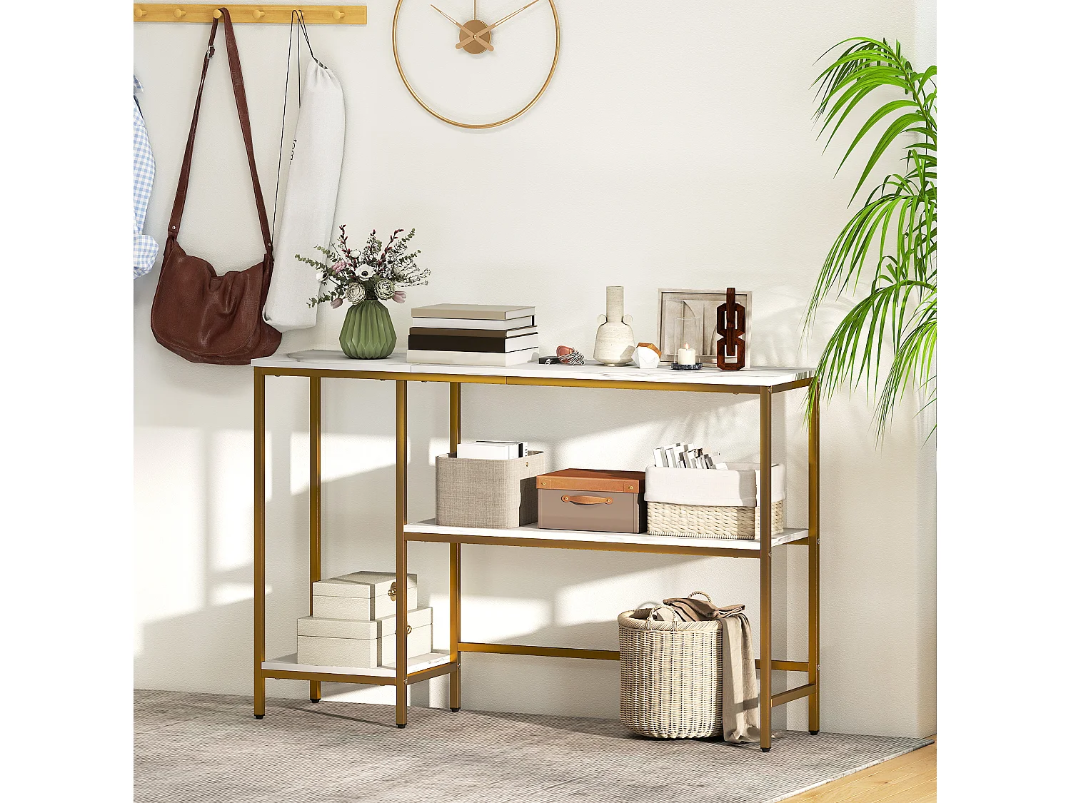 Console design style Art Déco 2 étagères plateau piètement acier doré effet marbre blanc