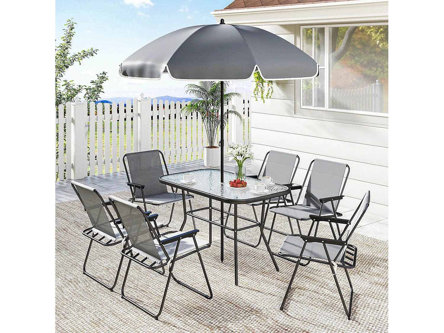 Salon de jardin 6 personnes 8 pièces avec parasol acier verre gris