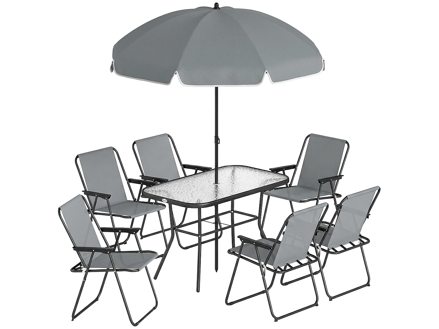 Salon de jardin 6 personnes 8 pièces avec parasol acier verre gris