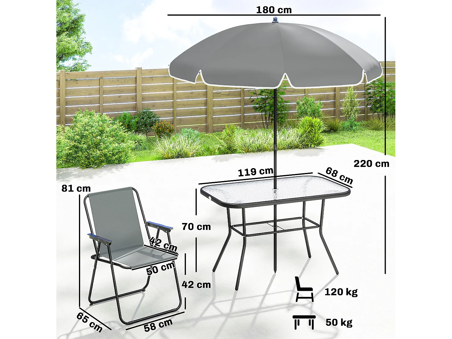 Salon de jardin 6 personnes 8 pièces avec parasol acier verre gris