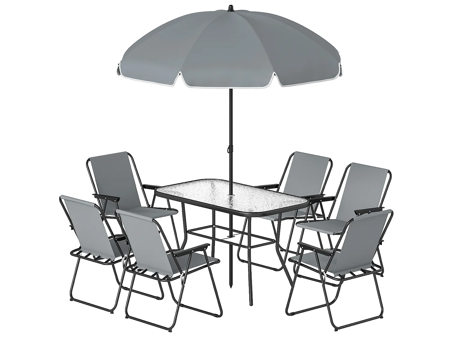 Salon de jardin 6 personnes 8 pièces avec parasol acier verre gris