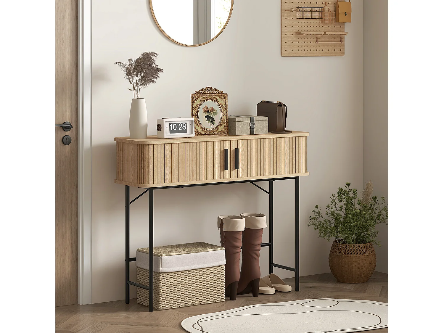 Console 2 portes coulissantes design naturel piètement acier noir effet bois clair