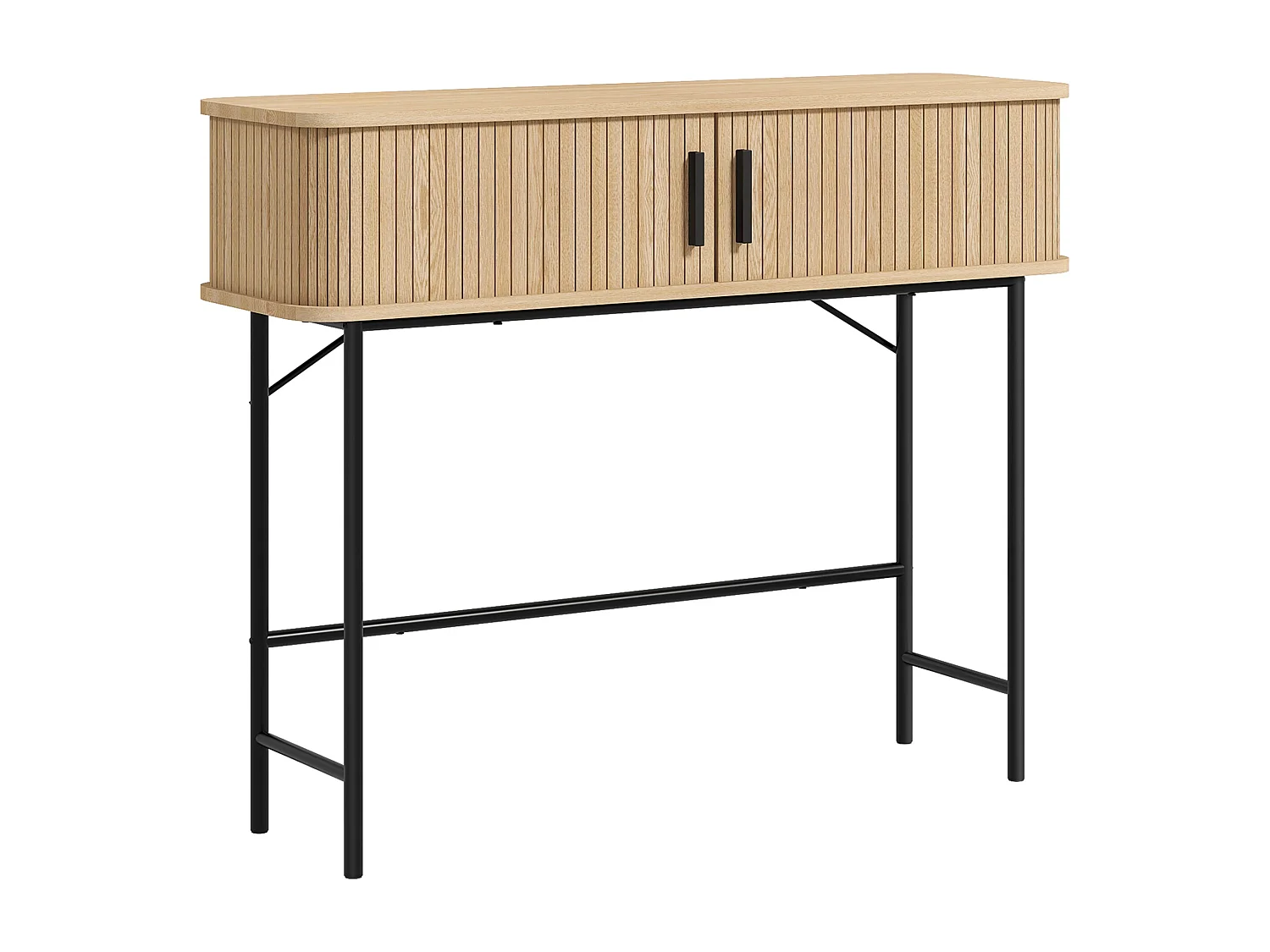 Console 2 portes coulissantes design naturel piètement acier noir effet bois clair