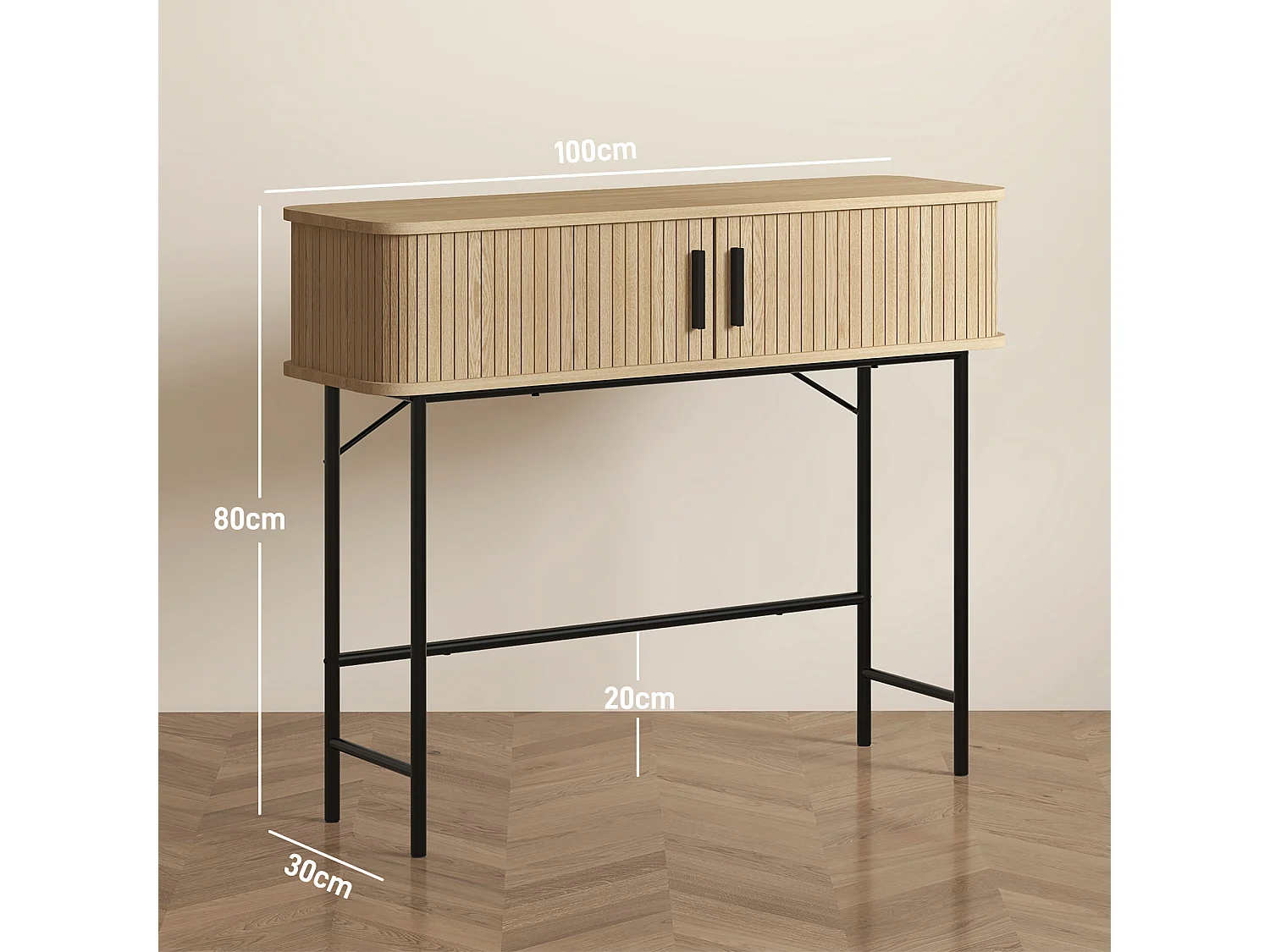Console 2 portes coulissantes design naturel piètement acier noir effet bois clair