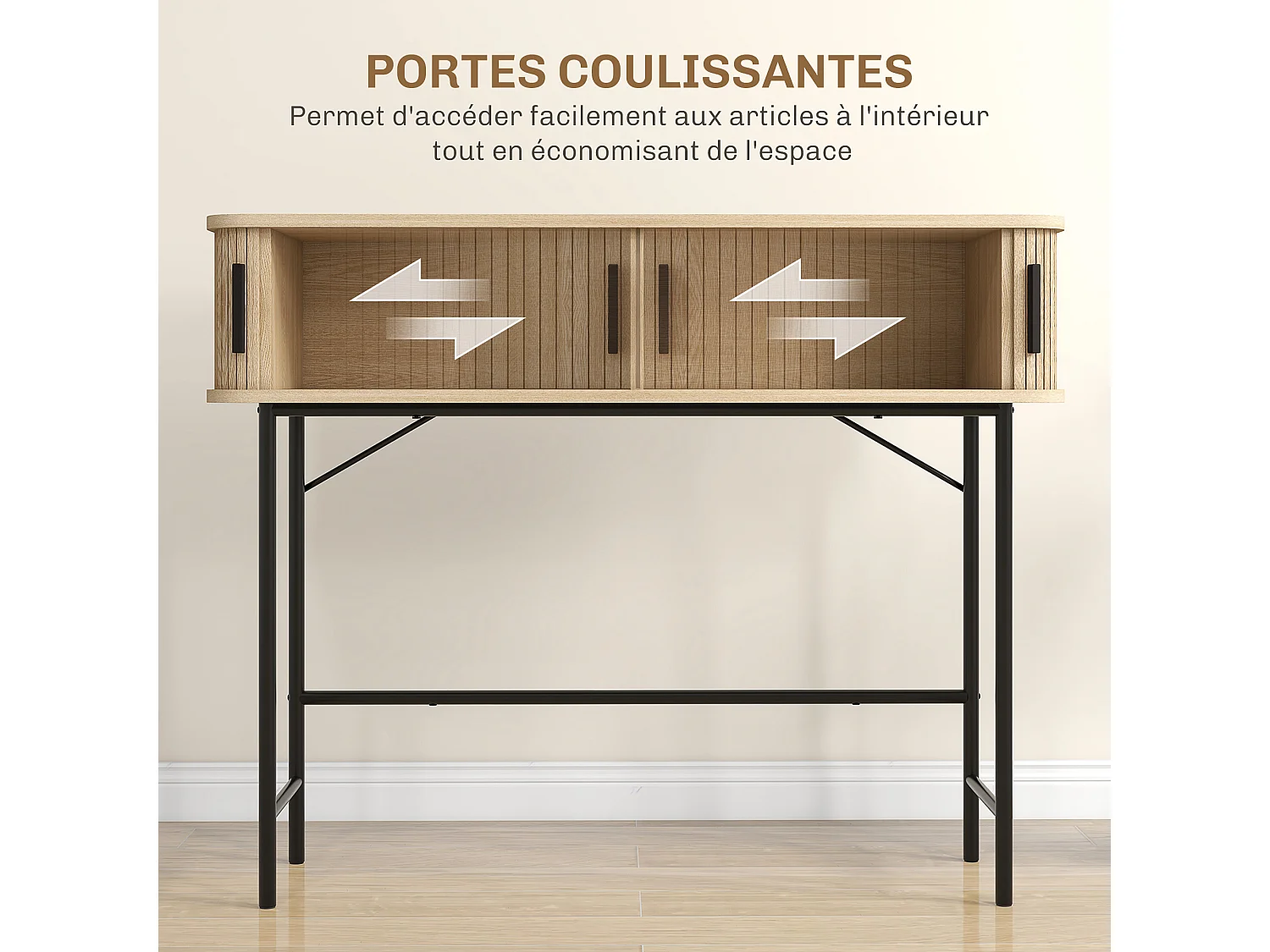 Console 2 portes coulissantes design naturel piètement acier noir effet bois clair