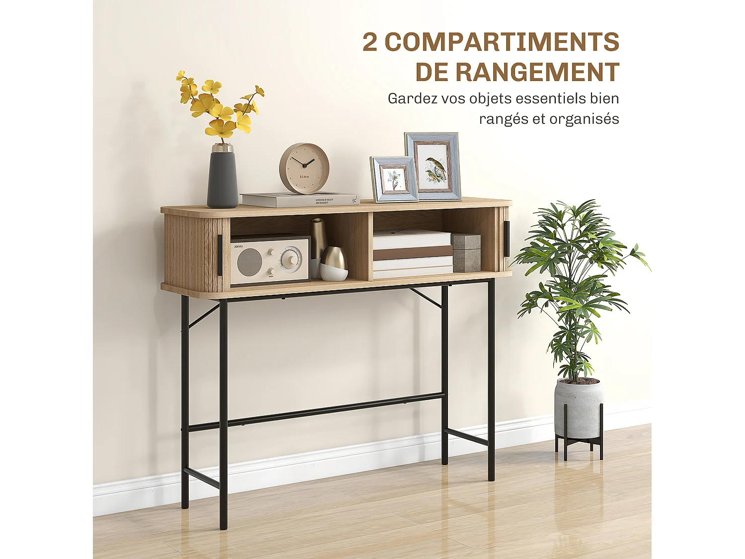 Console 2 portes coulissantes design naturel piètement acier noir effet bois clair