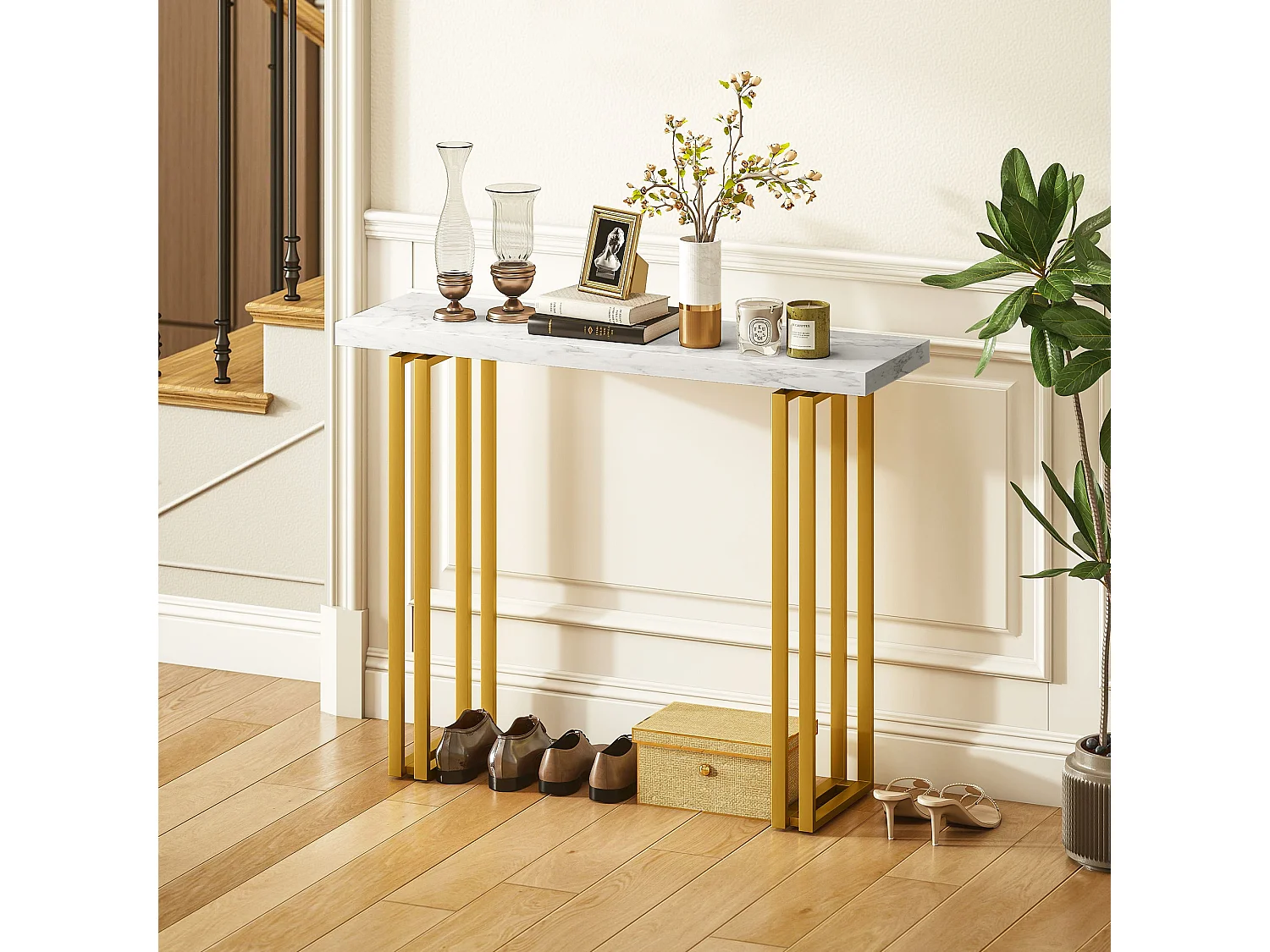 Console design style Art Déco piètement doublée acier doré plateau effet marbre blanc