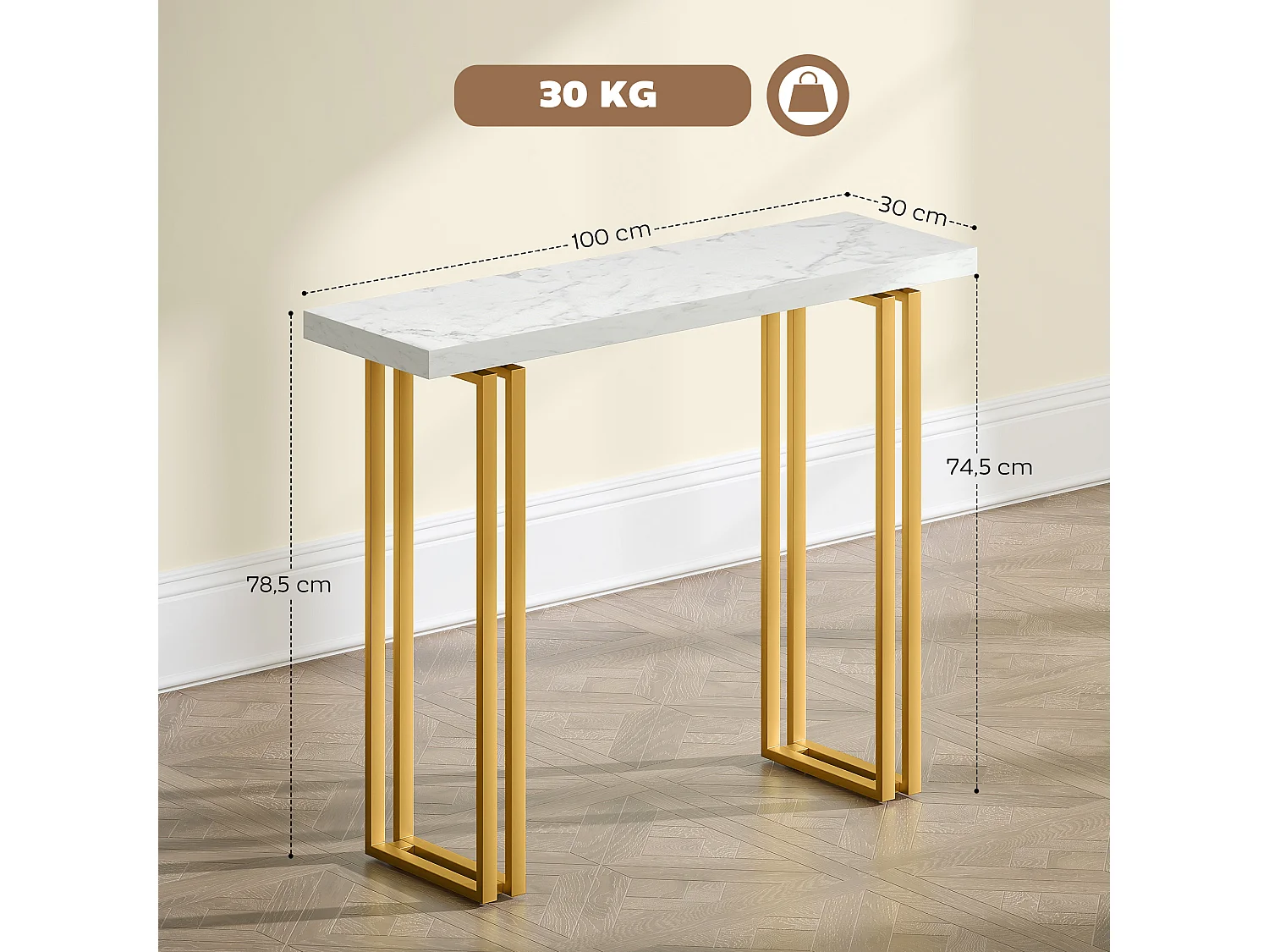 Console design style Art Déco piètement doublée acier doré plateau effet marbre blanc