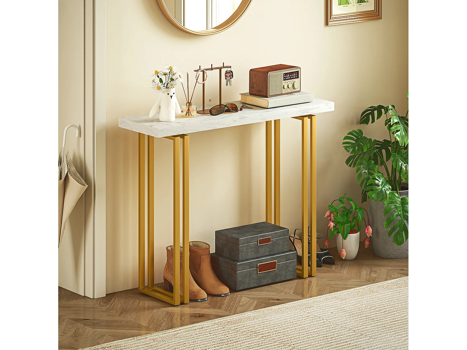 Console design style Art Déco piètement doublée acier doré plateau effet marbre blanc