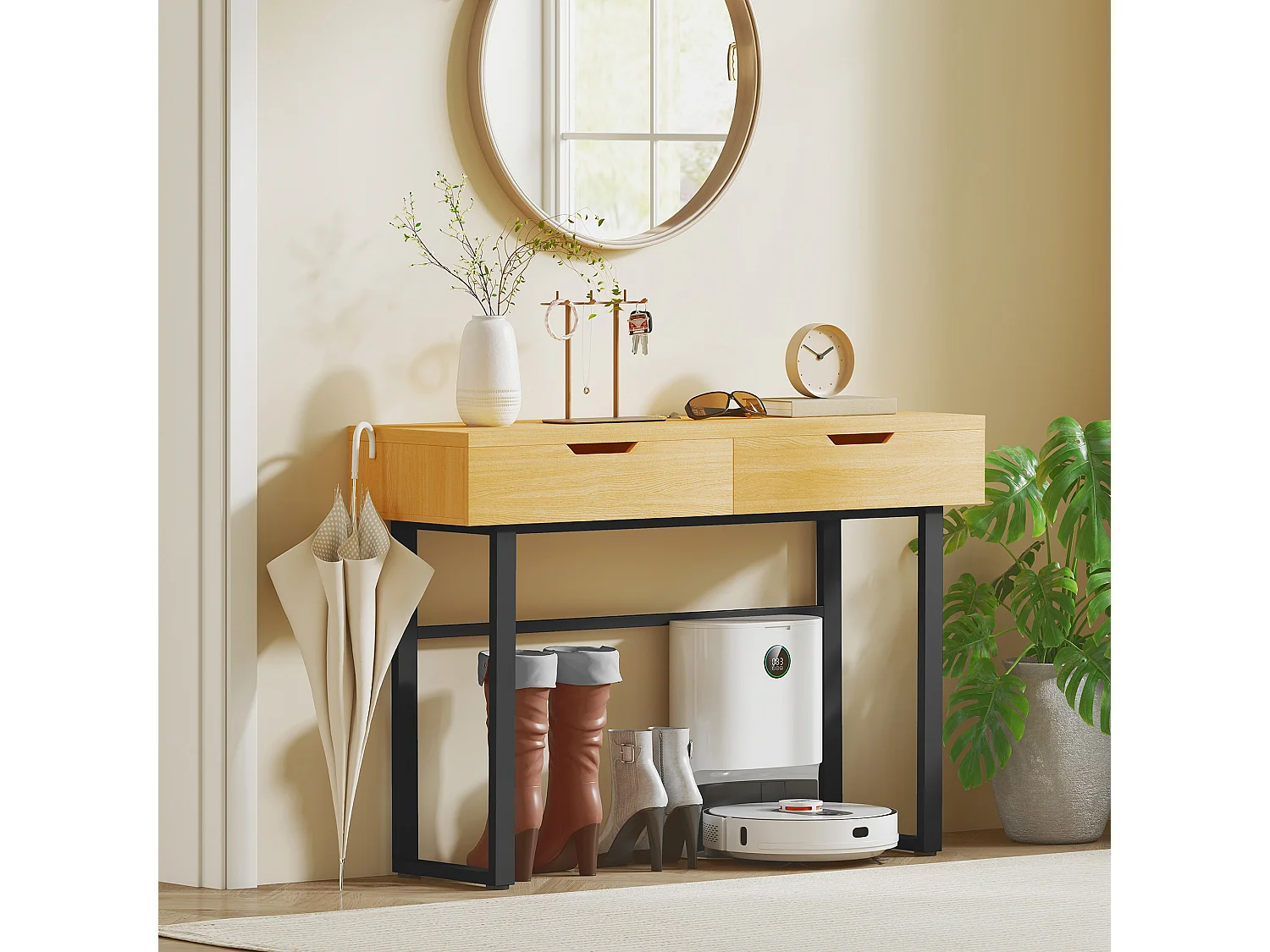 Console style natural chic 2 tiroirs effet bois métal noir