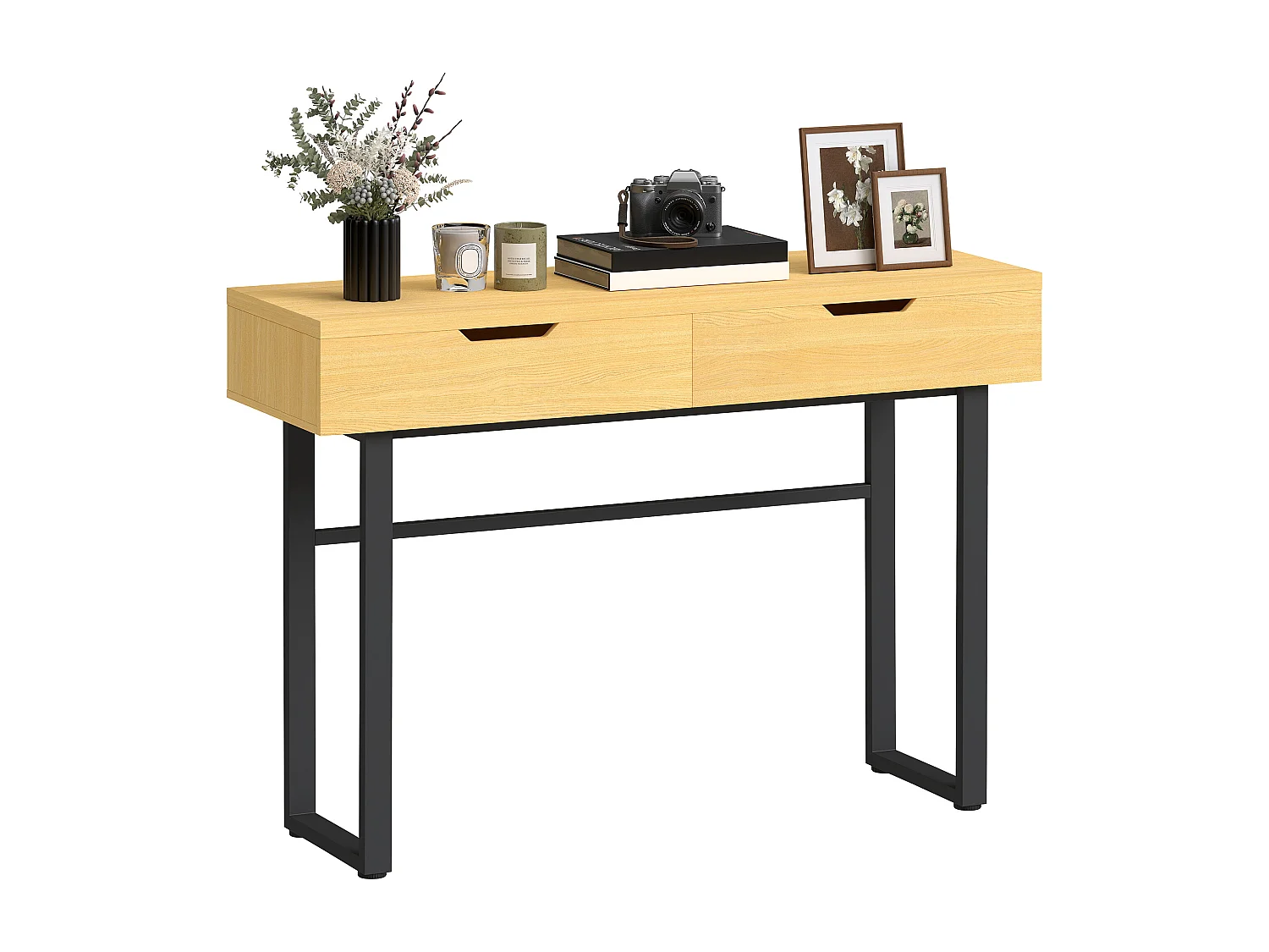 Console style natural chic 2 tiroirs effet bois métal noir