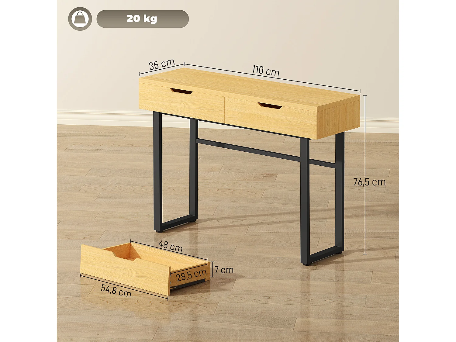 Console style natural chic 2 tiroirs effet bois métal noir