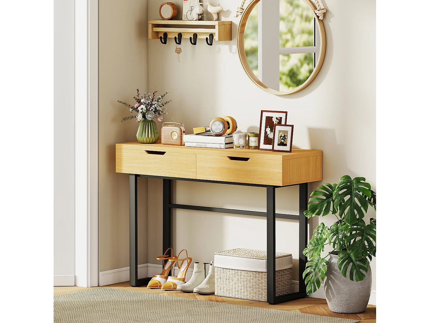 Console style natural chic 2 tiroirs effet bois métal noir