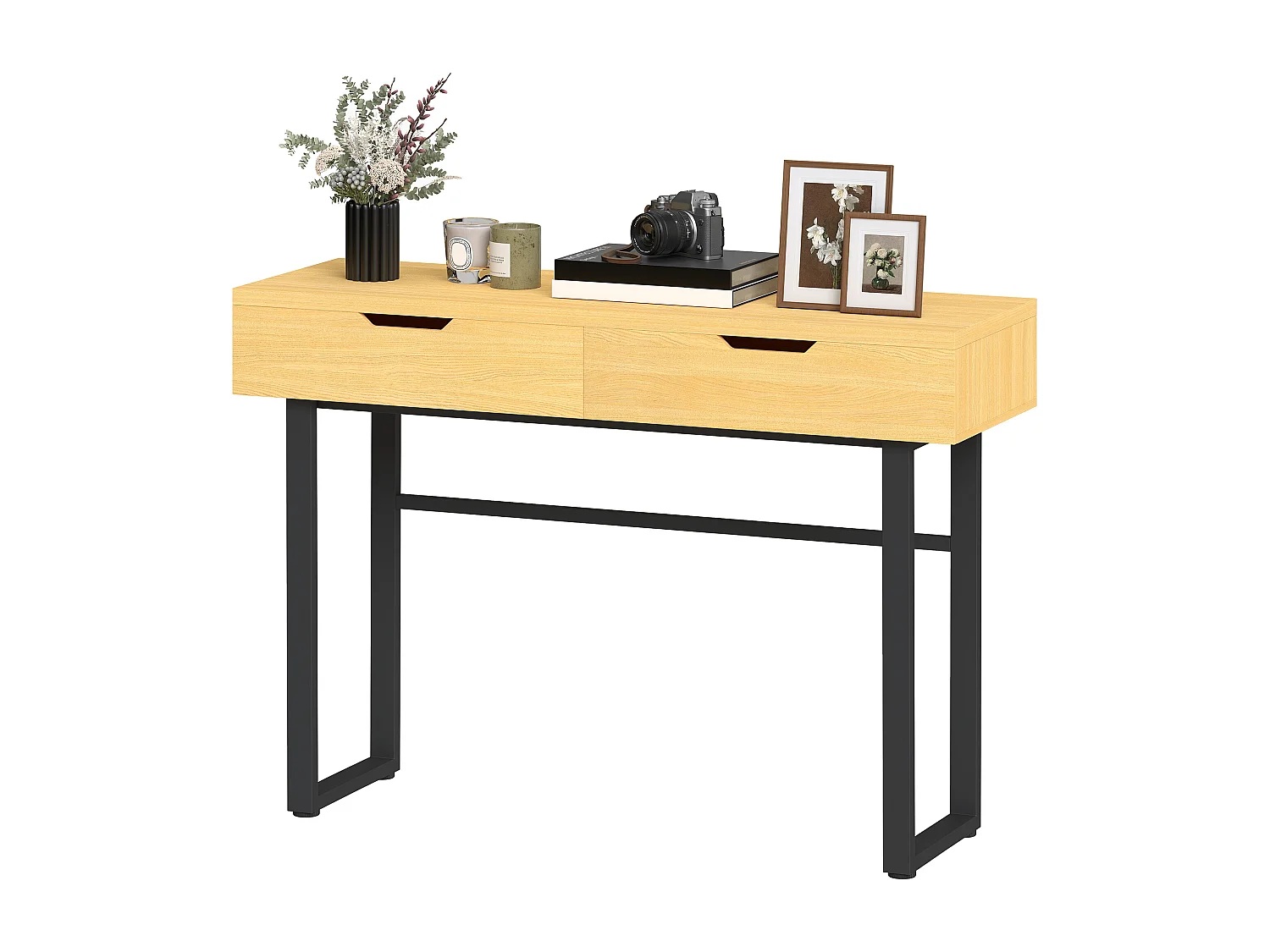Console style natural chic 2 tiroirs effet bois métal noir