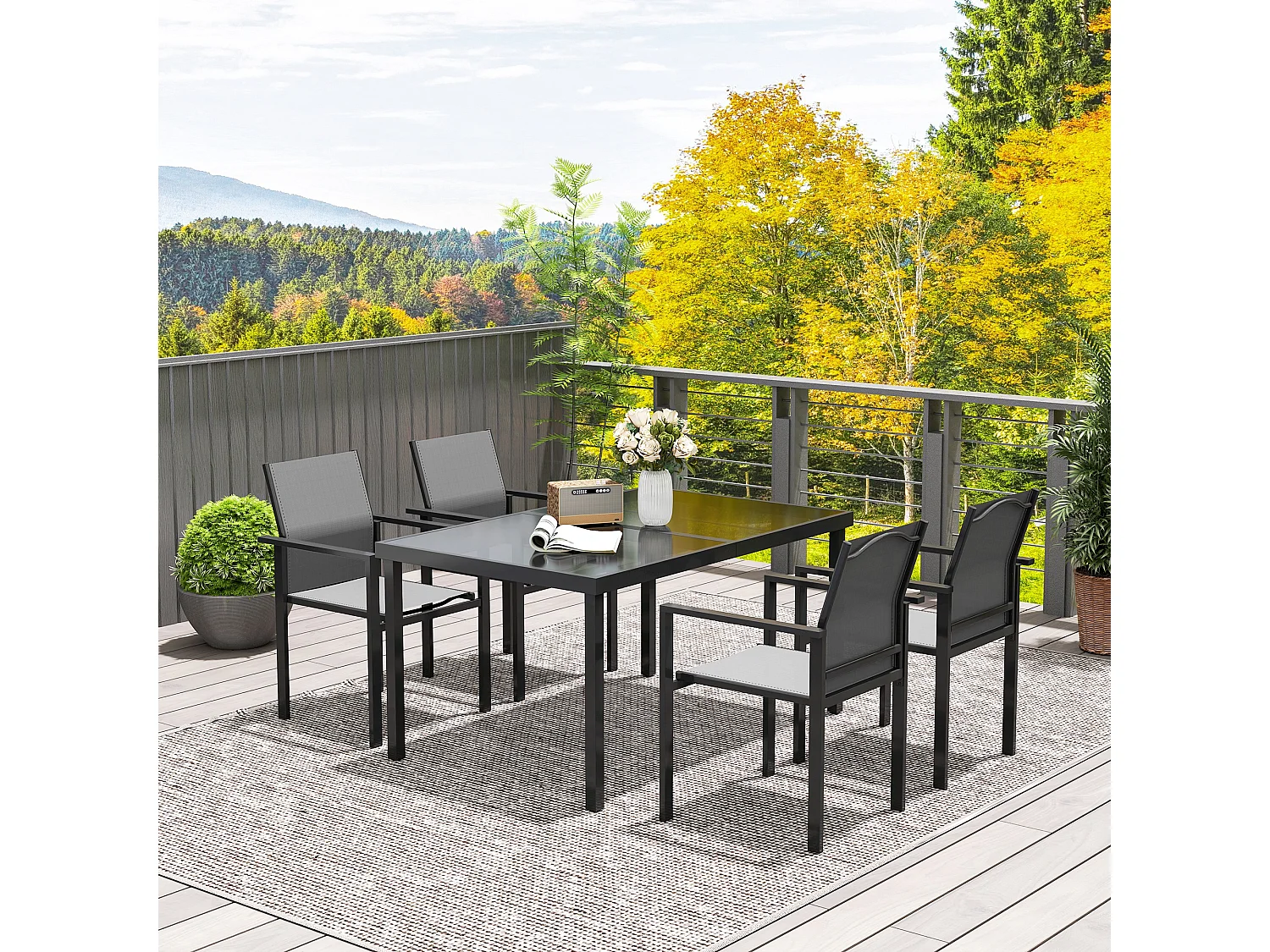 Ensemble table de jardin rectangulaire et 4 chaises empilables métal textliène verre trempé noir