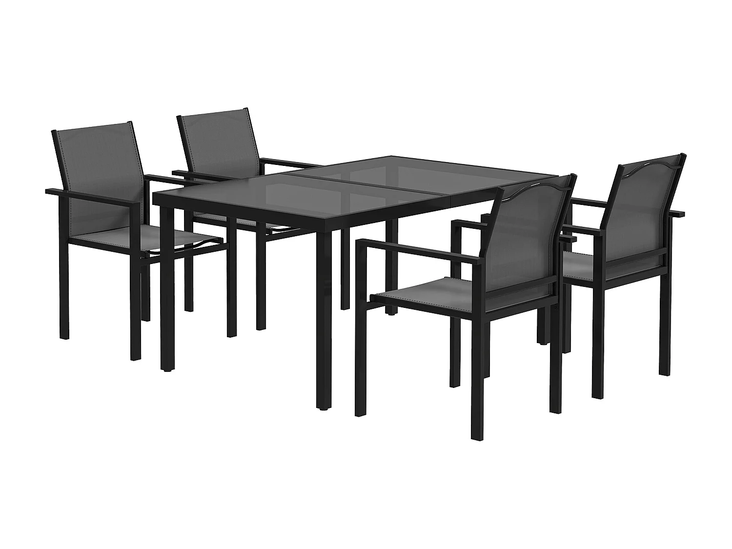 Ensemble table de jardin rectangulaire et 4 chaises empilables métal textliène verre trempé noir