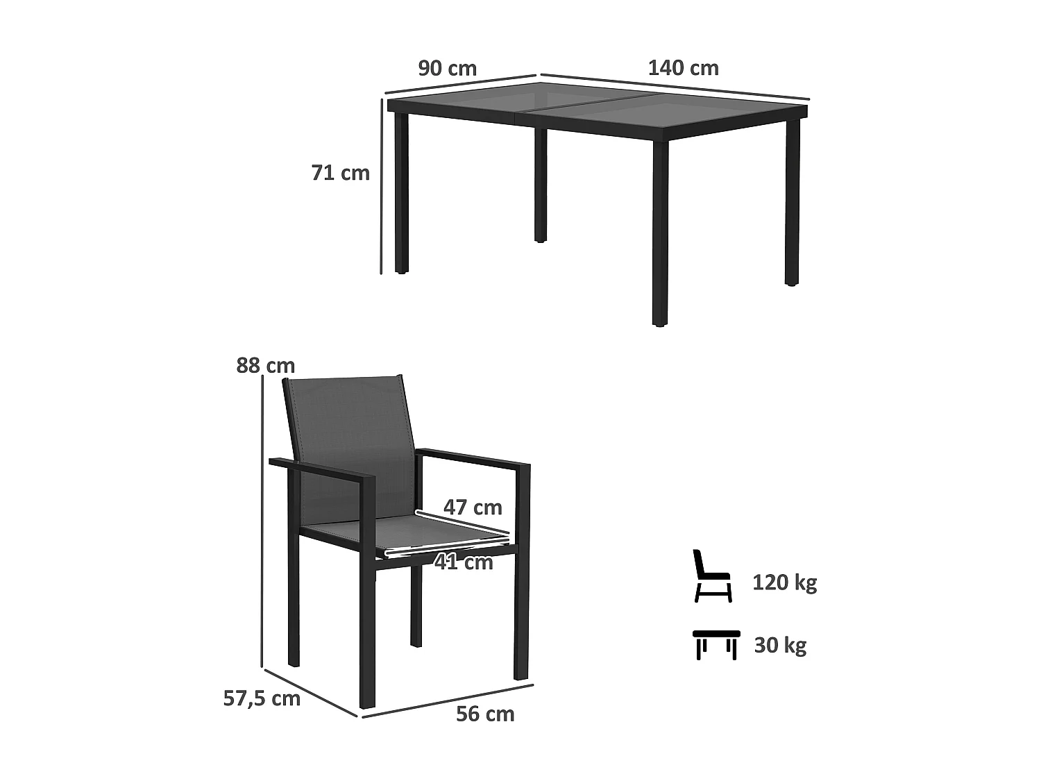 Ensemble table de jardin rectangulaire et 4 chaises empilables métal textliène verre trempé noir