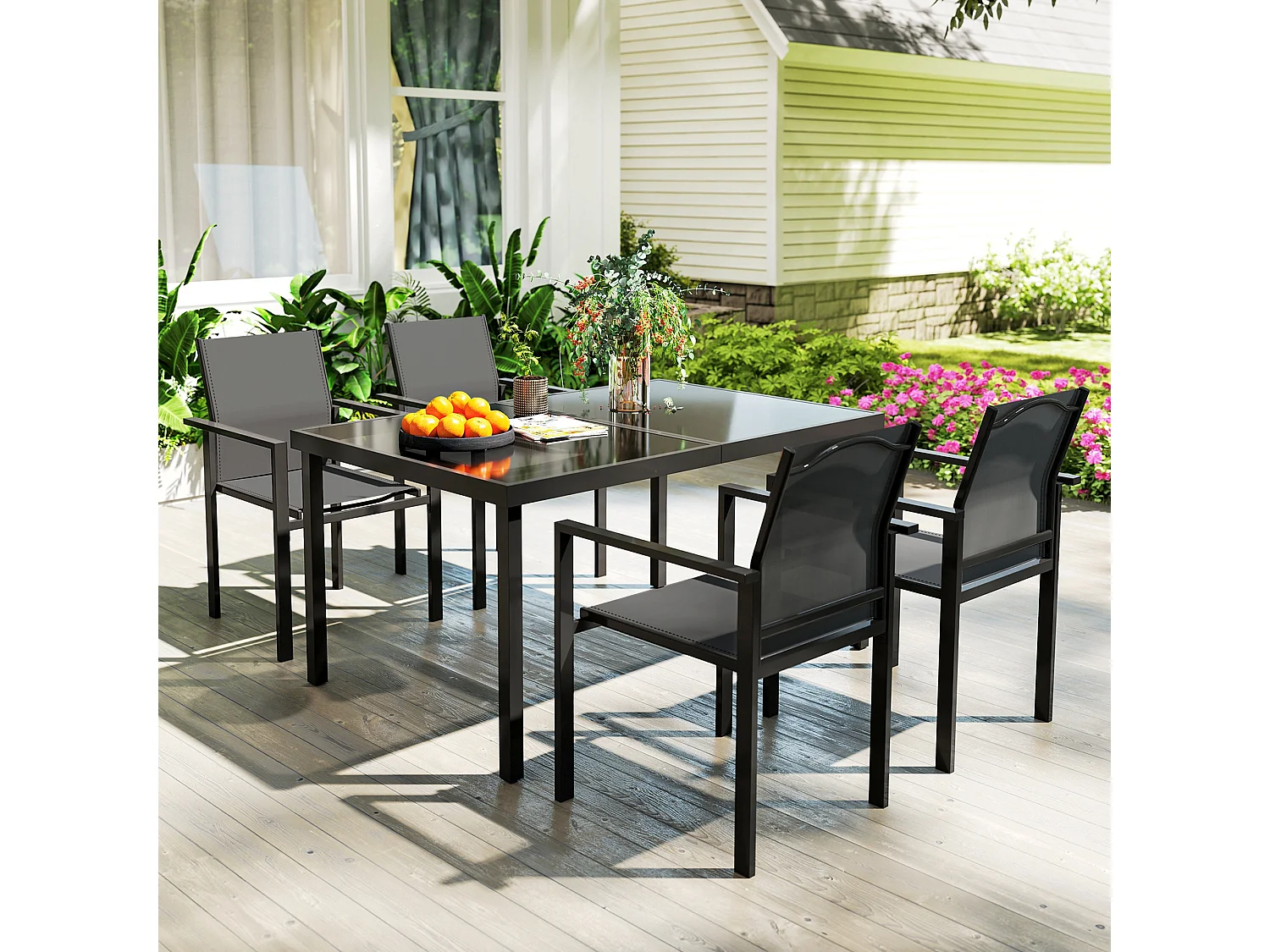 Ensemble table de jardin rectangulaire et 4 chaises empilables métal textliène verre trempé noir