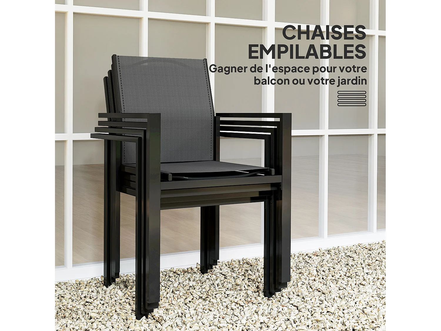 Ensemble table de jardin rectangulaire et 4 chaises empilables métal textliène verre trempé noir