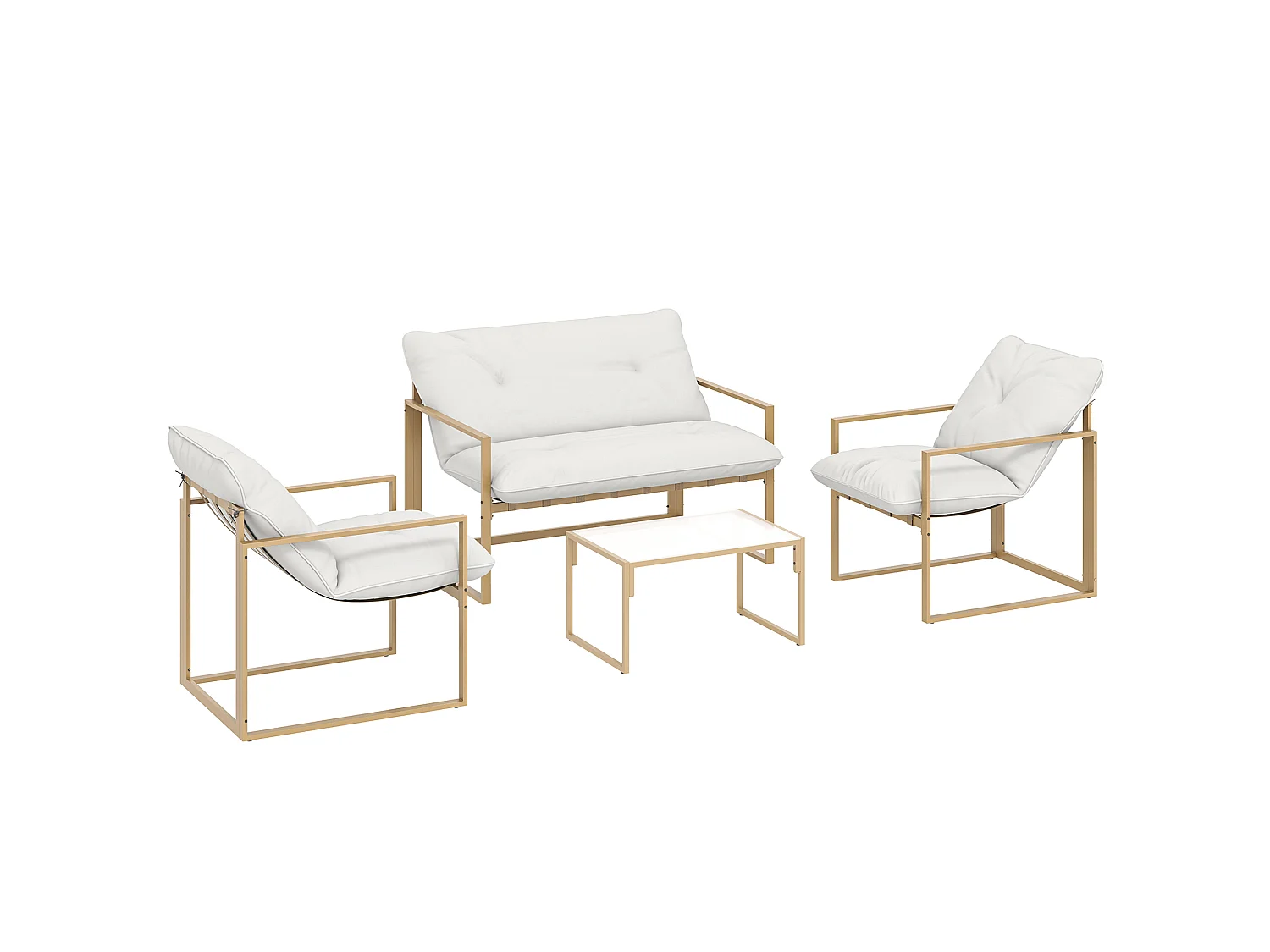 Salon de jardin extérieur 4 pièces avec coussins ultra-épais 15cm - canapé 2 places avec table basse et 2 fauteuils, cadre acier kaki