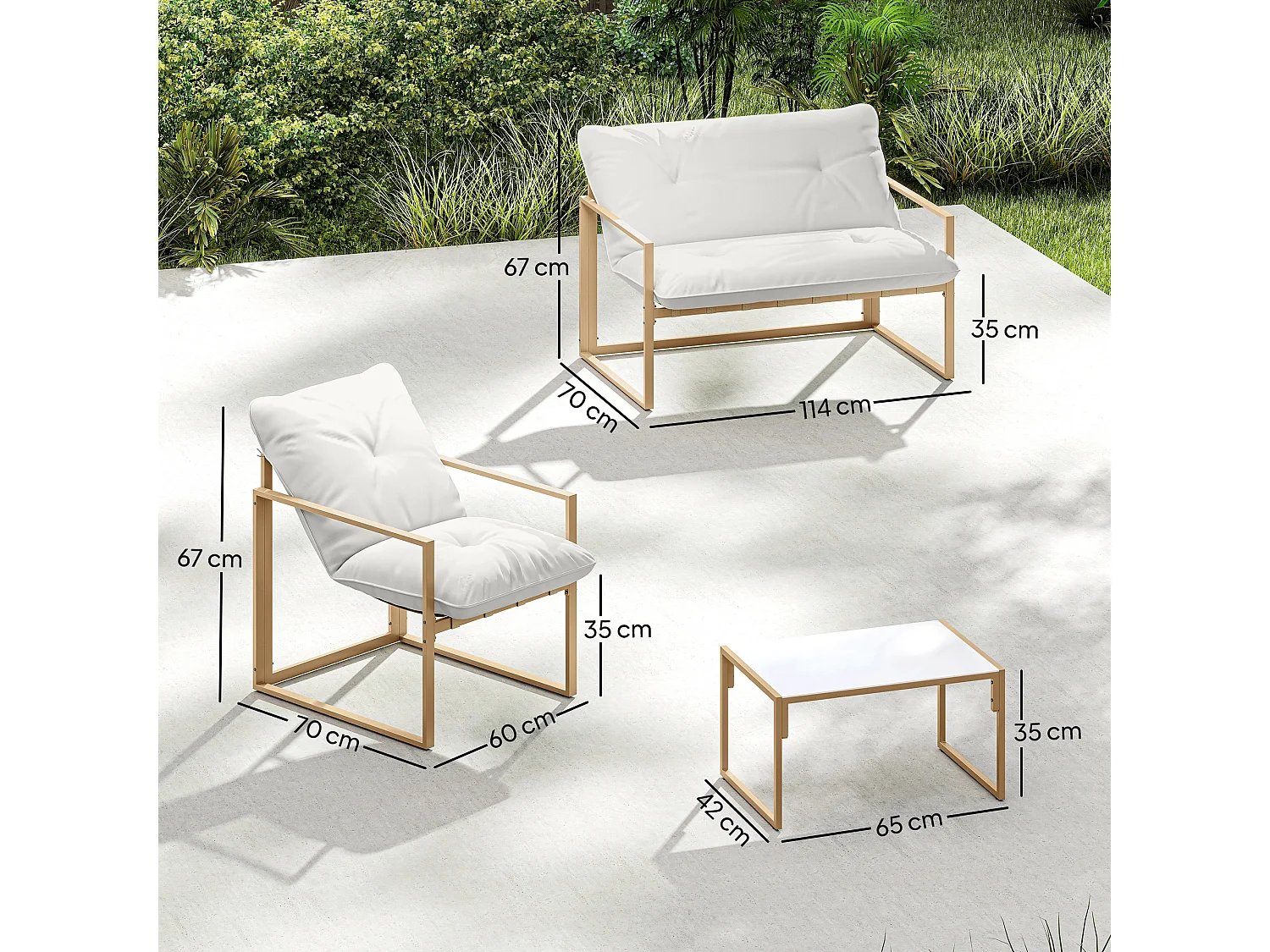 Salon de jardin extérieur 4 pièces avec coussins ultra-épais 15cm - canapé 2 places avec table basse et 2 fauteuils, cadre acier kaki