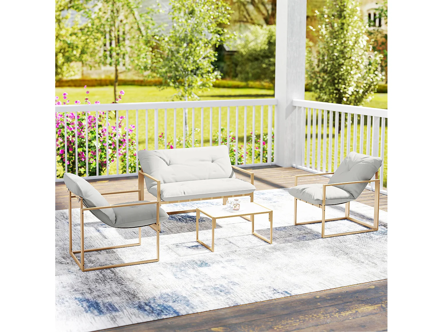 Salon de jardin extérieur 4 pièces avec coussins ultra-épais 15cm - canapé 2 places avec table basse et 2 fauteuils, cadre acier kaki