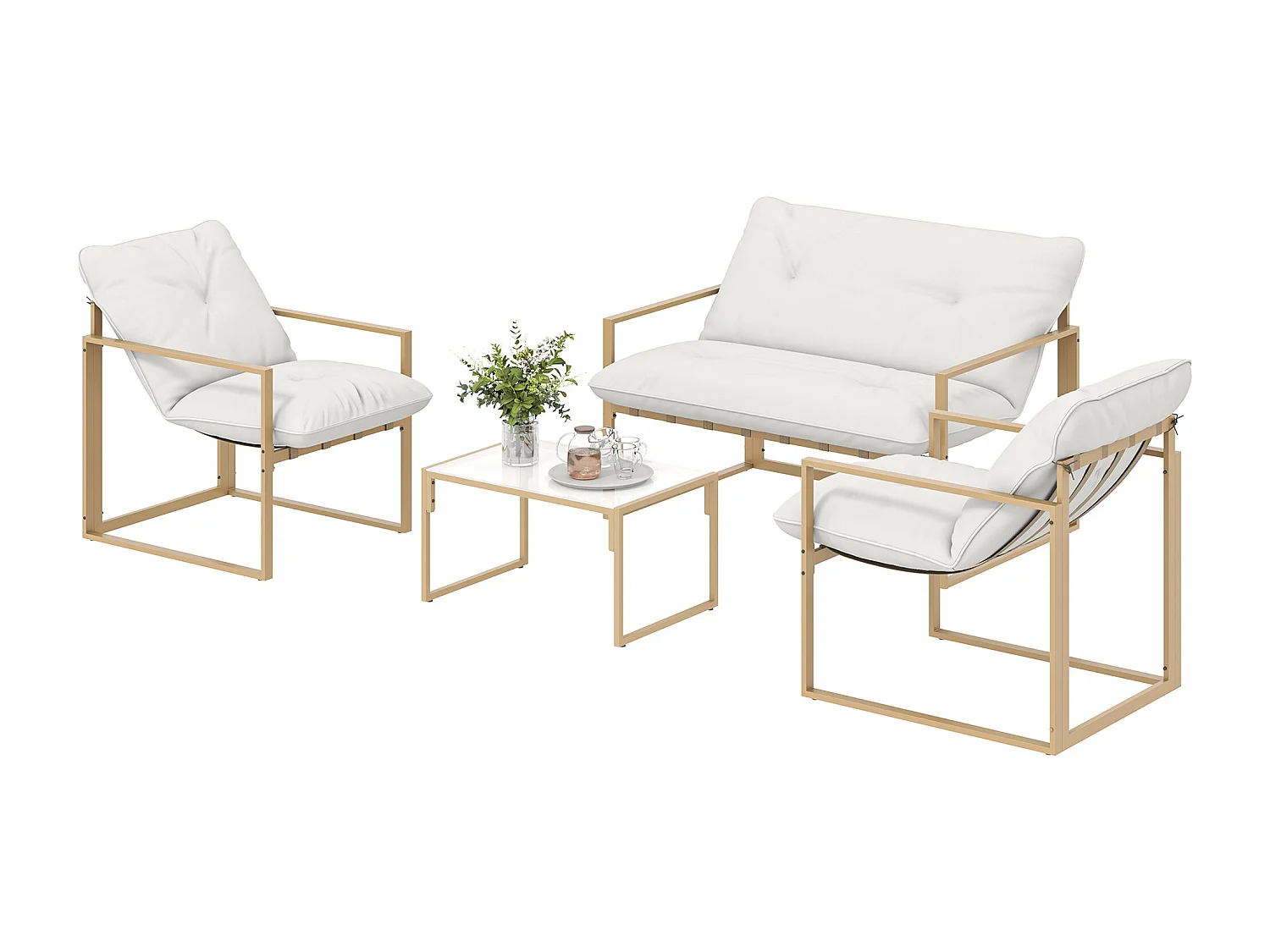 Salon de jardin extérieur 4 pièces avec coussins ultra-épais 15cm - canapé 2 places avec table basse et 2 fauteuils, cadre acier kaki