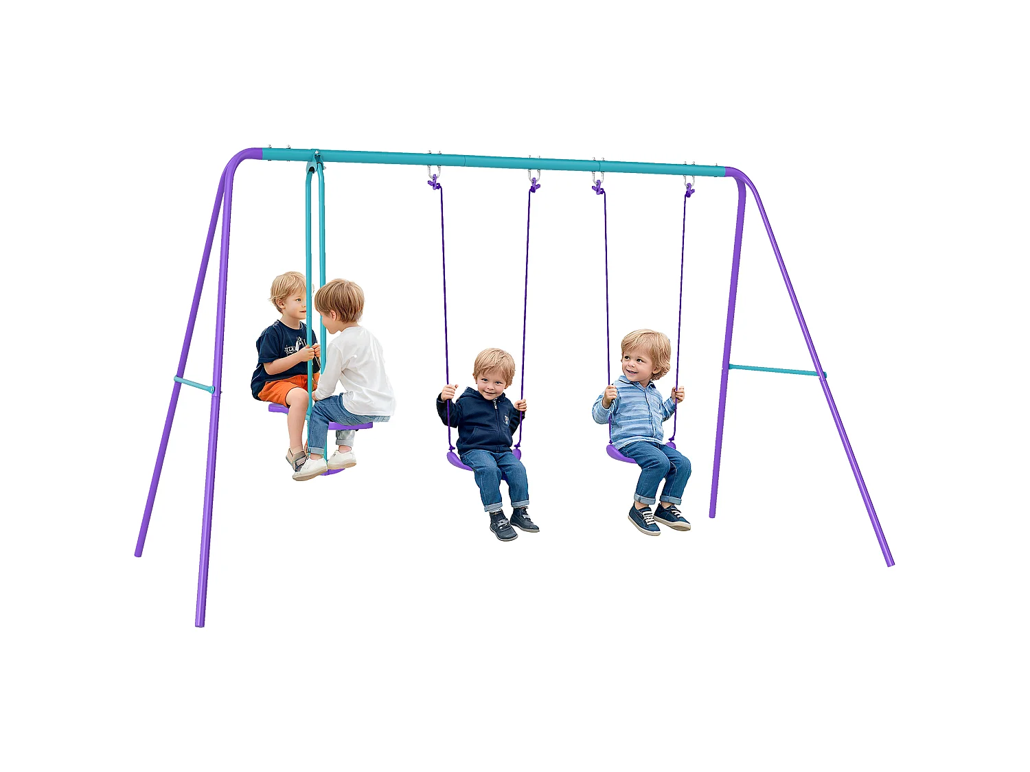 Balançoire 3 agrès portique avec 2 balançoires et face à face dim. 2,8L x 1,4l x 1,78H m métal époxy anticorrosion PE bleu lavande