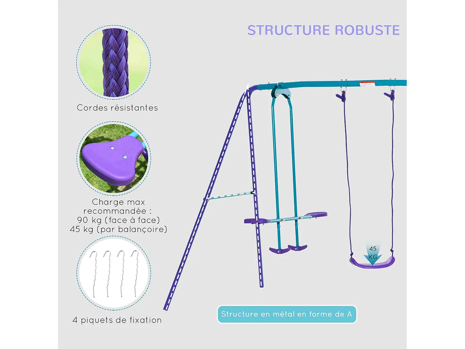 Balançoire 3 agrès portique avec 2 balançoires et face à face dim. 2,8L x 1,4l x 1,78H m métal époxy anticorrosion PE bleu lavande