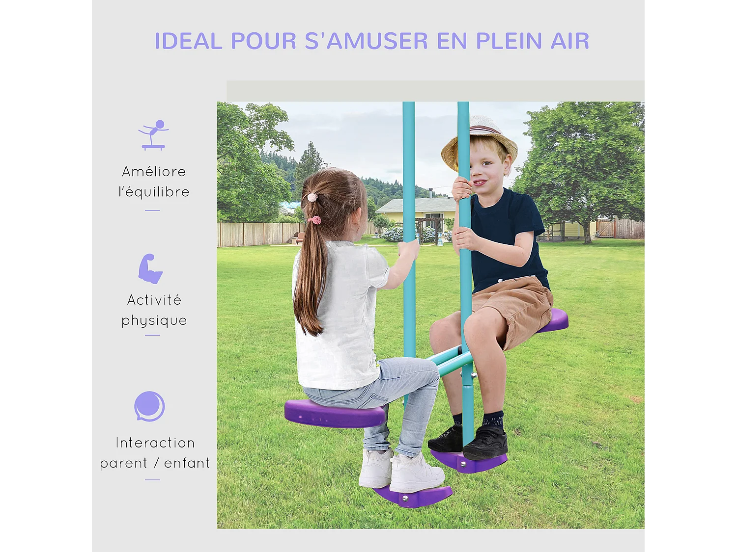 Balançoire 3 agrès portique avec 2 balançoires et face à face dim. 2,8L x 1,4l x 1,78H m métal époxy anticorrosion PE bleu lavande